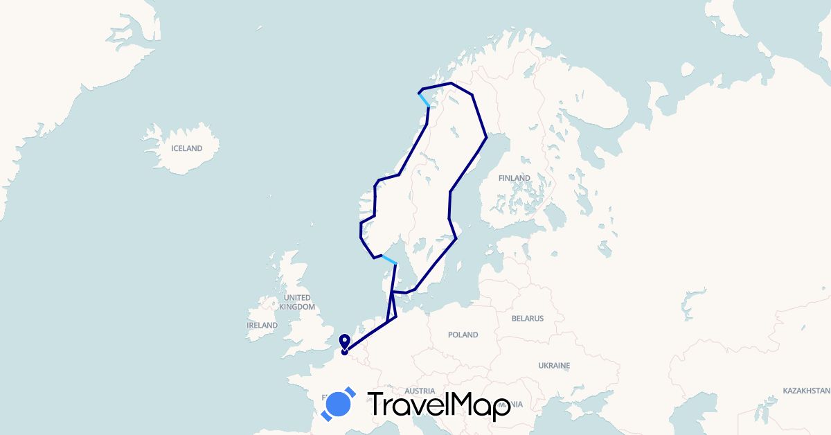 TravelMap itinerary: driving, boat in Germany, Denmark, France, Norway, Sweden (Europe)